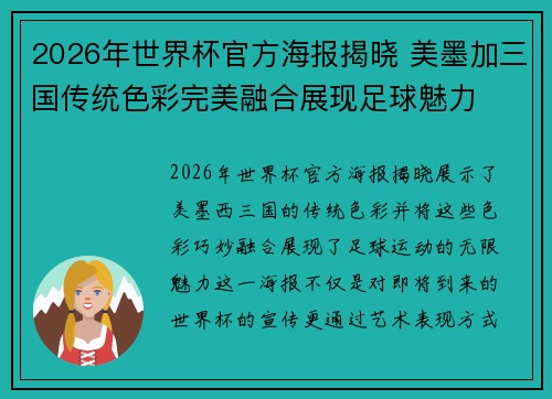 2026年世界杯官方海报揭晓 美墨加三国传统色彩完美融合展现足球魅力