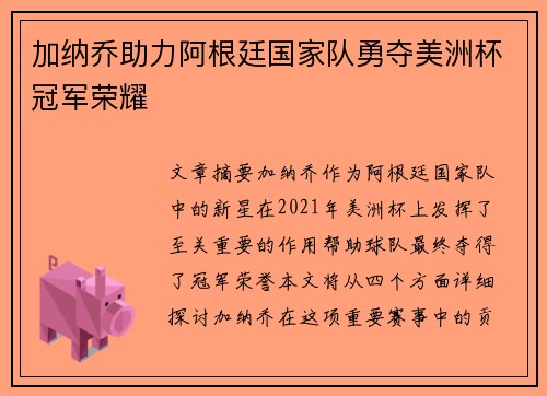 加纳乔助力阿根廷国家队勇夺美洲杯冠军荣耀